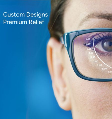 A close-up of a woman wearing blue eyeglasses for myopia control, showing lens measurement markings. The background is blue with the text “Custom Designs Premium Relief” on the left side.