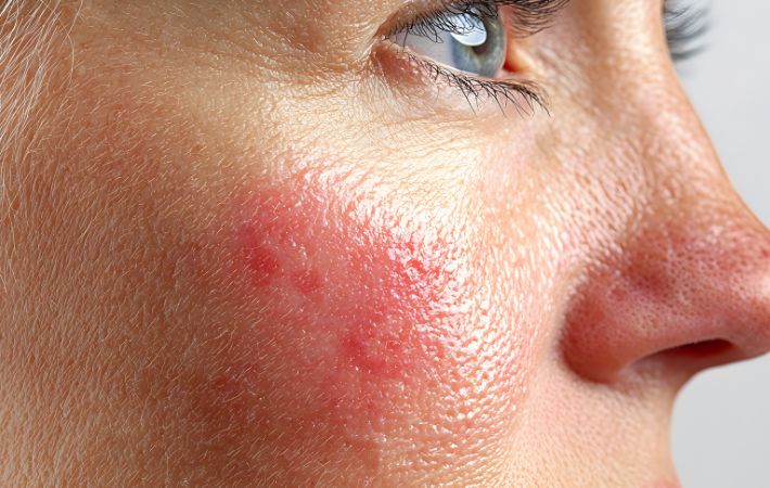 Close-up of a person’s cheek and nose showing red, irritated, inflamed skin with visible bumps—possibly rosacea or acne. The eye and part of the eyebrow are visible, highlighting the need for annual eye exams for patients with diabetes.