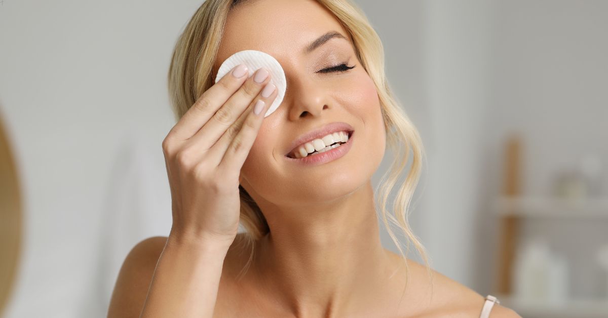 A smiling woman gently cleanses her face with a cotton pad, holding it to one closed eye—a reminder of the importance of annual eye exams for patients with diabetes. She has light skin, blonde hair, and is in a softly lit, neutral-toned bathroom.
