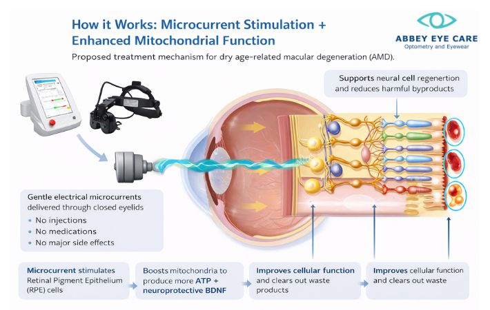 Infographic showing how microcurrent stimulation with Macumira through closed eyelids boosts mitochondrial activity, supports retinal cell regeneration, and improves cellular function for treating age-related macular degeneration.