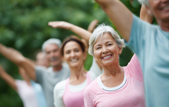 A group of smiling older adults stands outdoors in a row symbolizing the ability to continue to lead a healthy lifestyle with vision protected using the MacuMira treatment. 