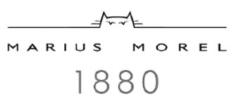 Logo with a minimalist cat face above the name MARIUS MOREL and the number 1880 written below.