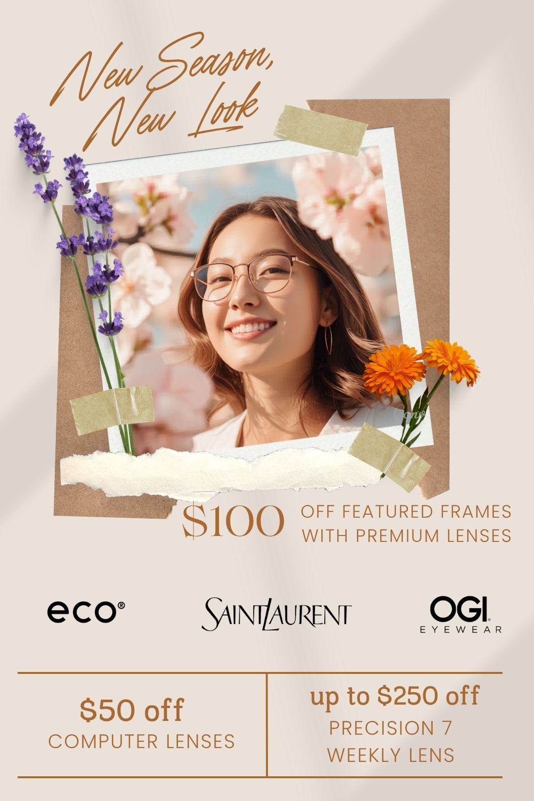 A smiling woman in glasses with flowers and tape decorations around her photo highlights eyewear promotions: $100 off featured frames, $50 off computer lenses, and up to $250 off weekly lenses. Brands are displayed below.