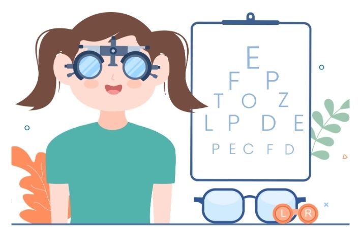 A smiling girl with pigtails wears eye exam goggles in front of a vision test chart. Below are a pair of glasses and contact lens cases marked L and R. Decorative leaves are in the background.