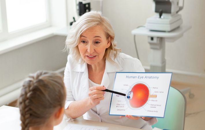 A female doctor explains human eye anatomy to a young girl, using a diagram and a pointer in a bright medical office. The diagram shows labeled parts of the eye.