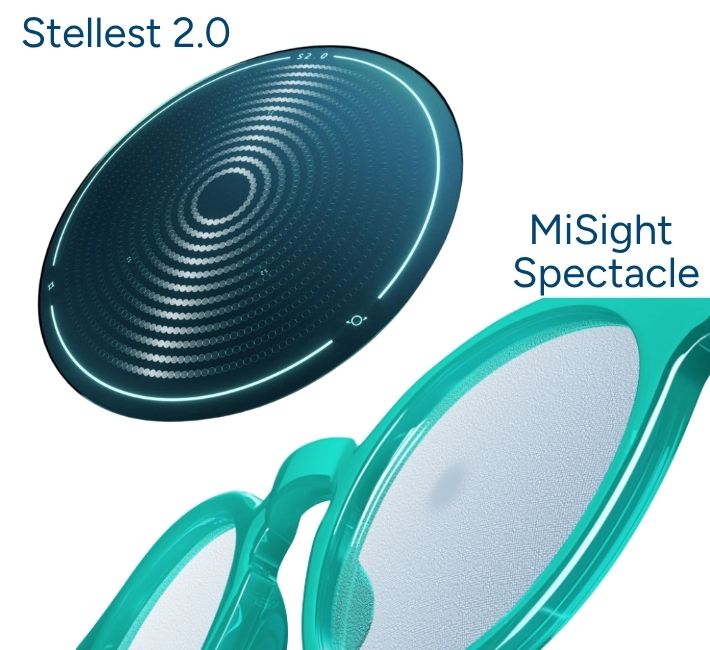 Close-up image of a round Stellest 2.0 lens with concentric circles and a teal-framed MiSight spectacle lens, both labeled in blue text.