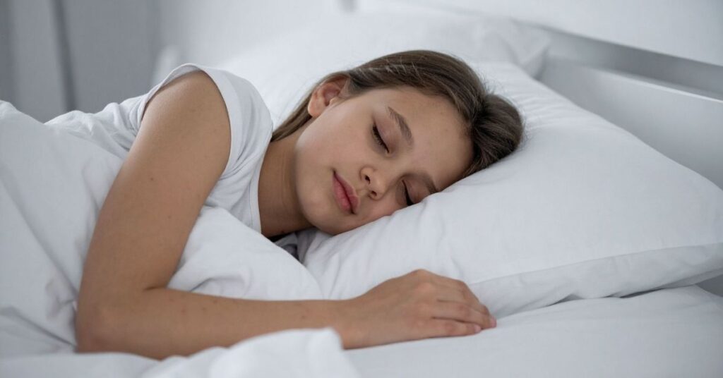 A young girl with brown hair is peacefully sleeping on a white pillow, covered with a white blanket in a bright, tidy bedroom.